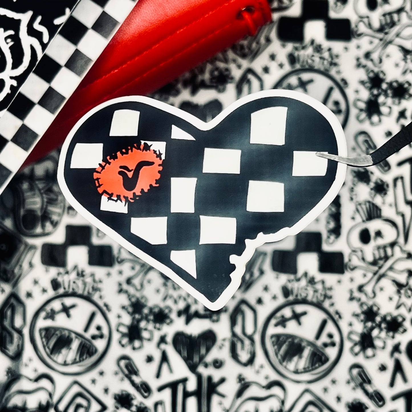 checkered heart with a patch 3" soft matte die cut sticker.