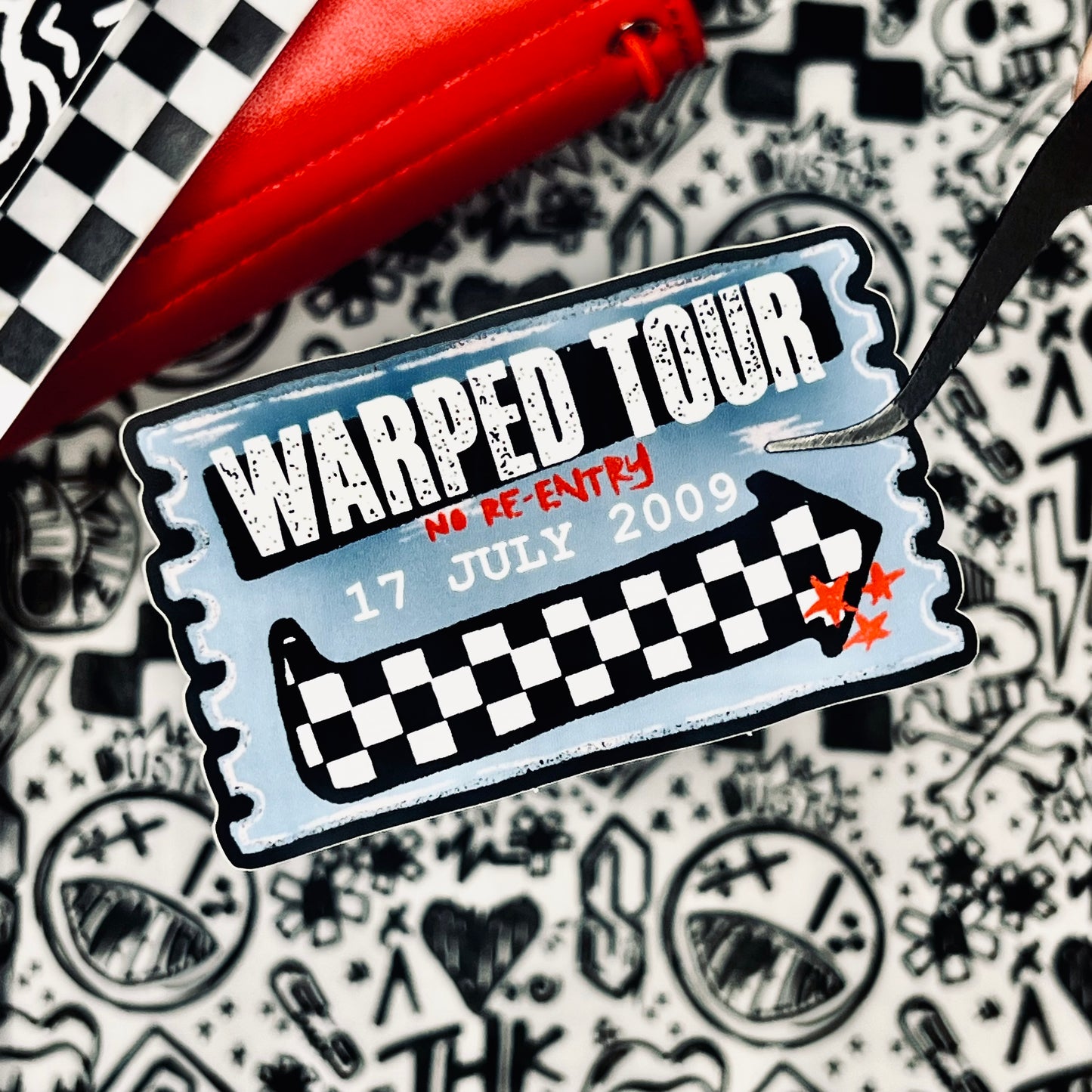 warped concert ticket. 3" soft matte die cut sticker.