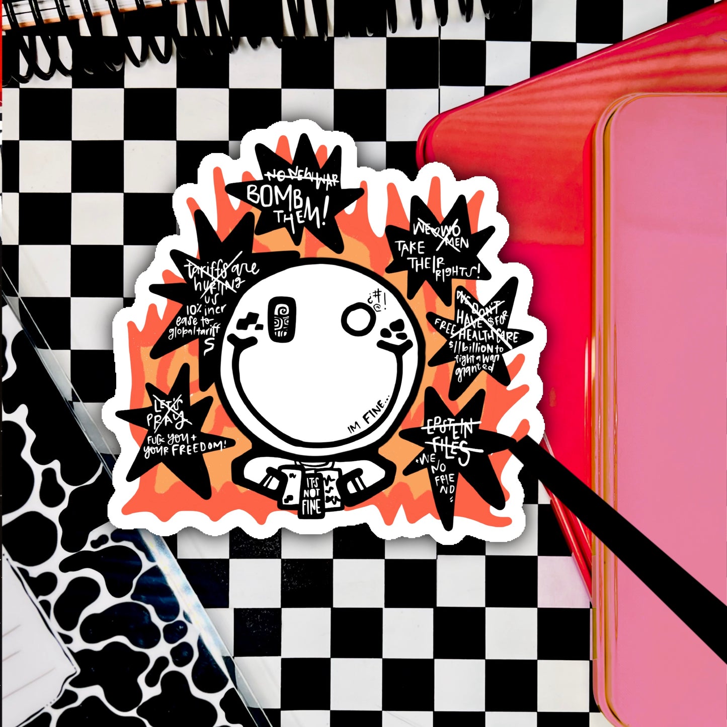 dusty chilling with stationery while the world is on fire. ITS FINE. 3" soft matte die cut