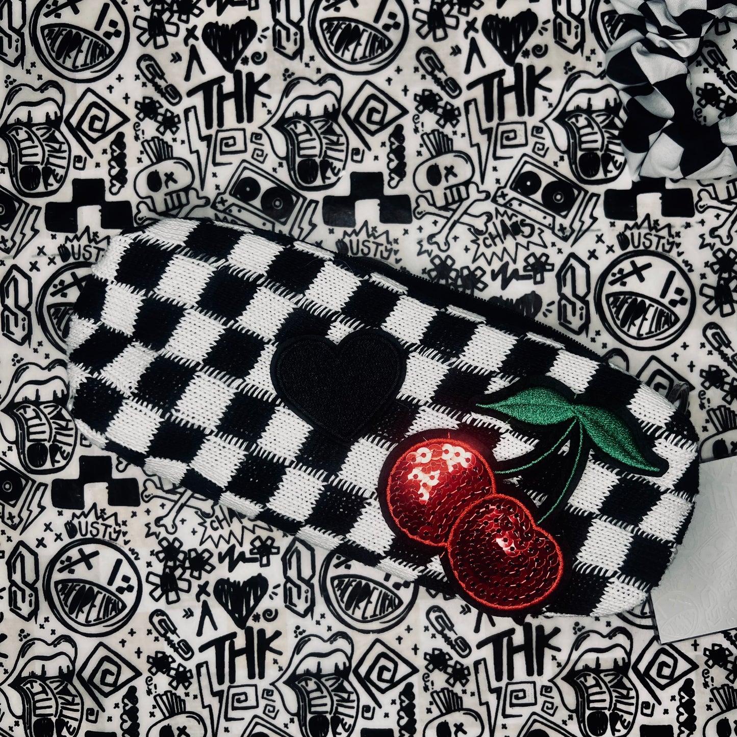 black and white waffle knit checkered pencil bag