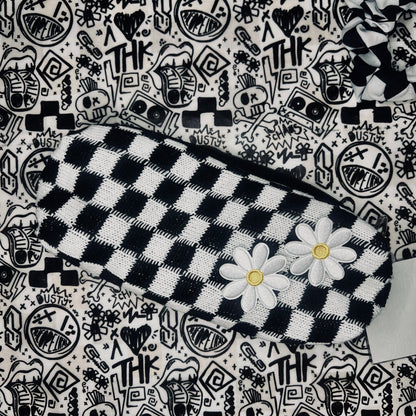 black and white waffle knit checkered pencil bag