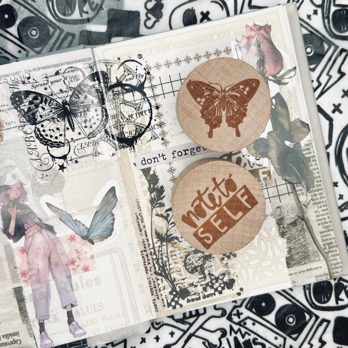 dear diary rubber stamps. butterfly and note to self. 1.3" wide.